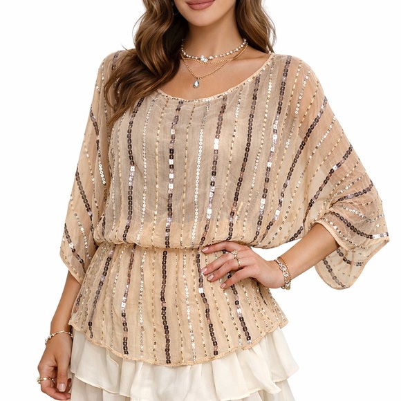 Block Tops - Y2K Beaded Sheer Batwing Blouse Champagne Gold | New Without Tags | Size S